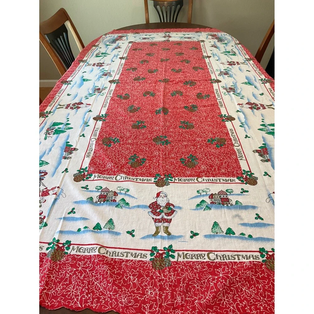 Vintage Christmas Seasonal Holiday Tablecloth Red Holly Rectangle Cottagecore